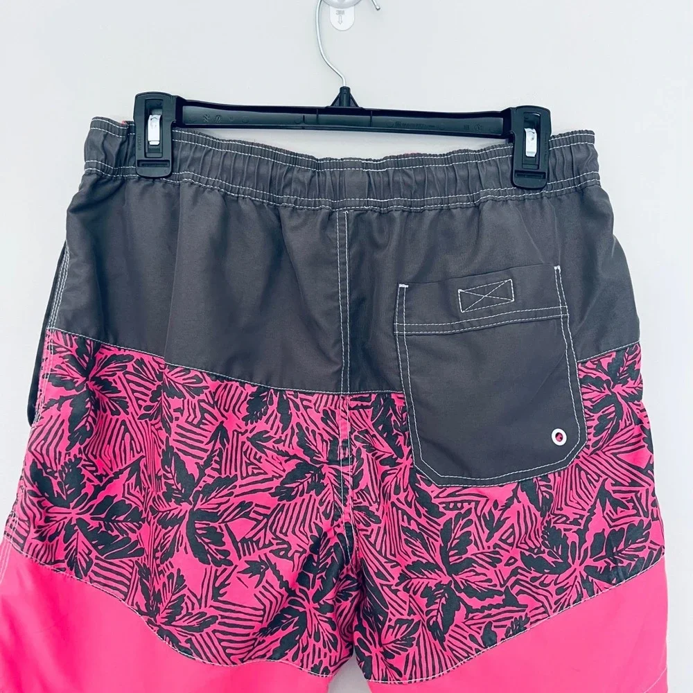 Mens Colorblock Tropical Palm Swim Trunks‎ Neon Pink Charcoal Board Shorts M